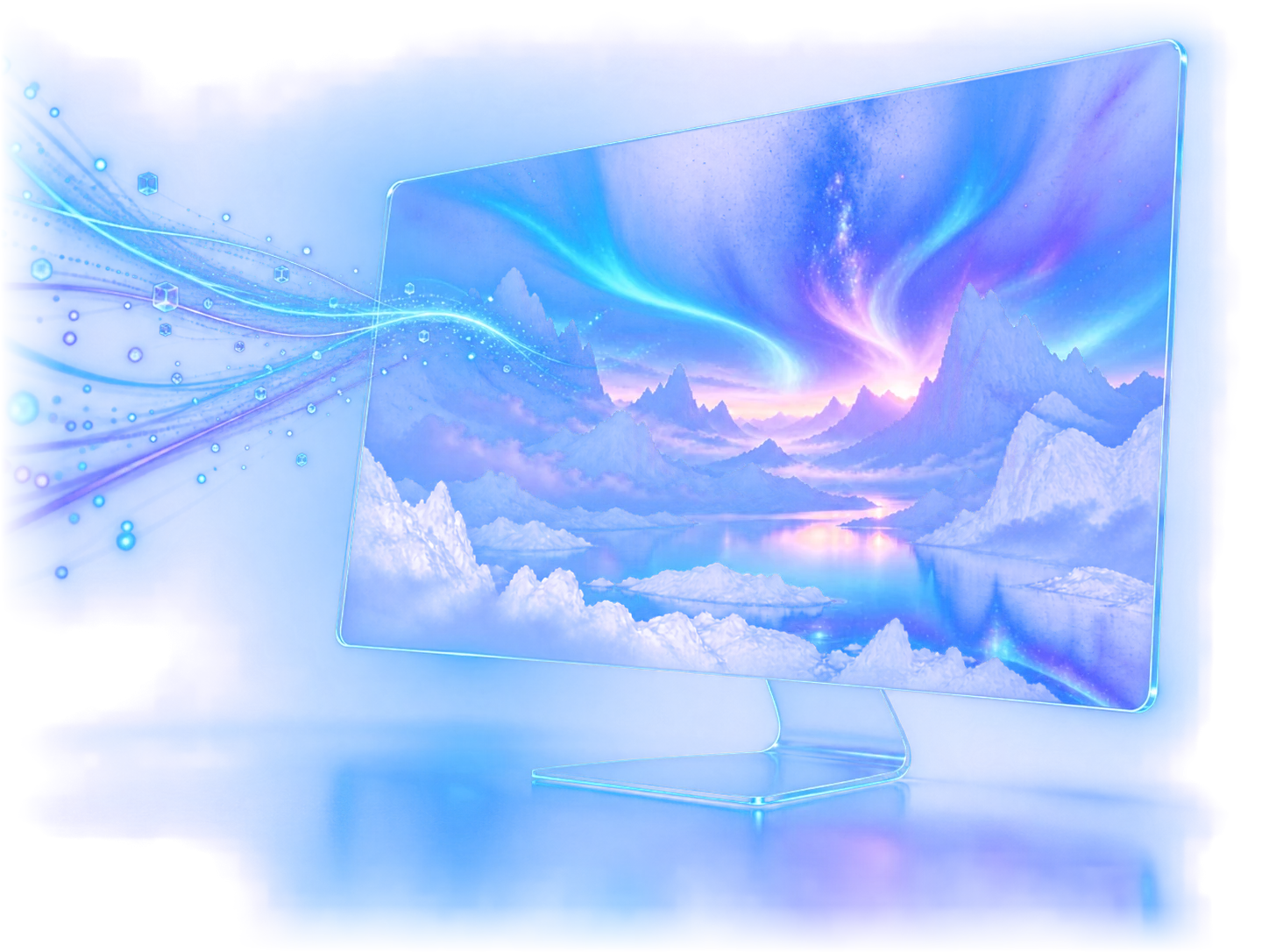 A floating glass monitor displaying an AI-generated wallpaper